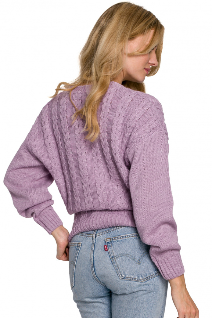 Sweter Damski - Krótki Na Zakładkę - liliowy